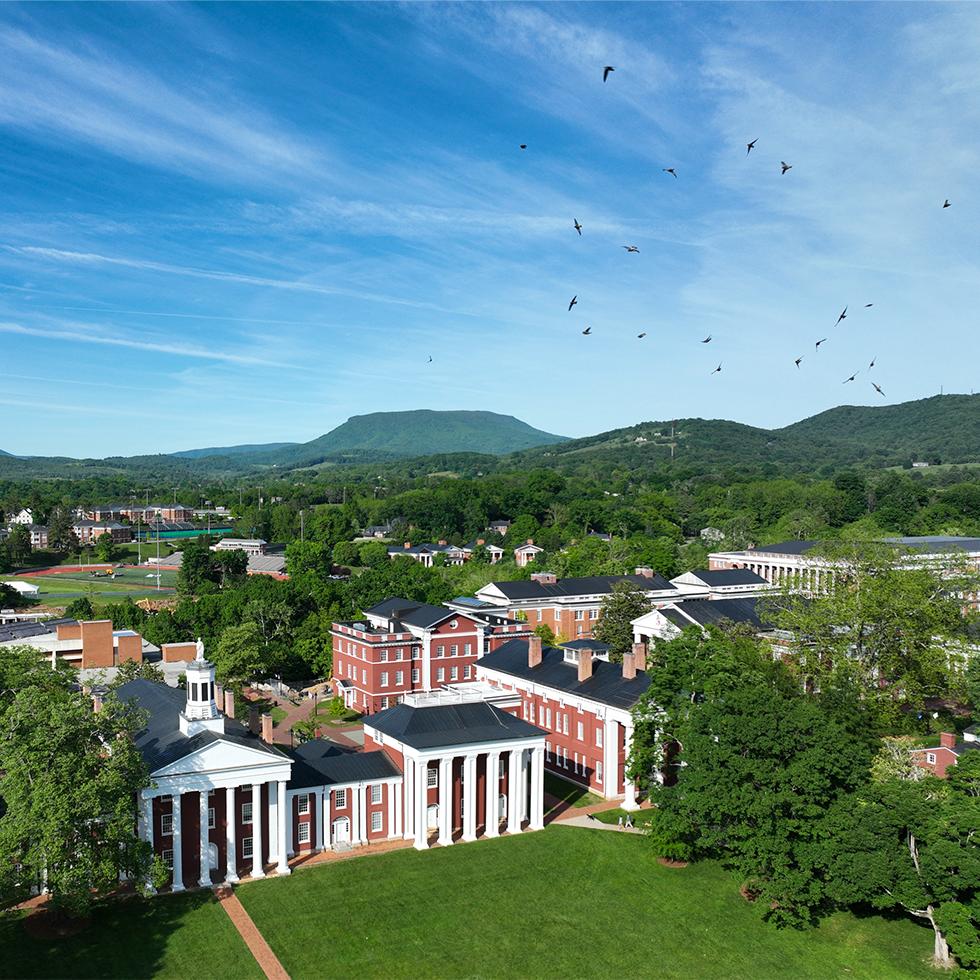 Aerial shot of W&L's campus and mountains in the background